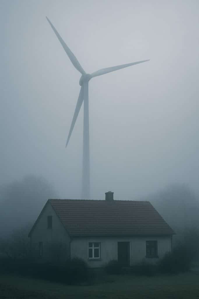 Polens Windkraftgesetz 2025 (Novelle) Windrad hinter einem Haus im Nebel
